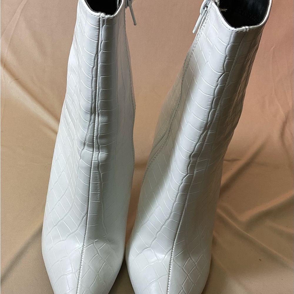White Croc-Embossed Ankle Boots